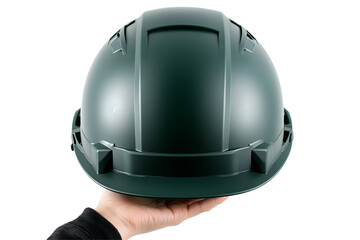 Fototapeta premium Holding a dark green hard hat in hand against a transparent background. Safety concept. Protection equipment for work
