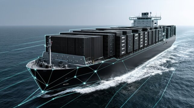 Fototapeta Autonomous container ship navigating smart sea lanes using satellite guidance, onboard AI systems, and weather-responsive route optimization., copy space for text - route smart