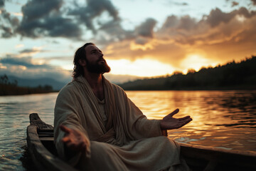 Fototapeta premium Man posing as Jesus in a boat at sunrise