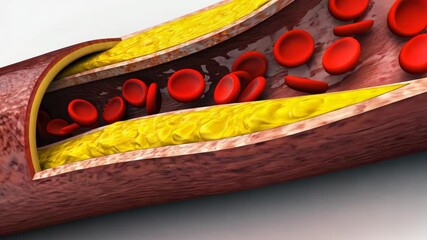 Cross-section of a blocked artery showing plaque buildup and red blood cells in the bloodstream, medical illustration for heart disease.