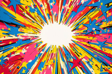 Fototapeta premium A vibrant comic book explosion with a white speech bubble surrounded by colorful stars and radiating bursts of energy