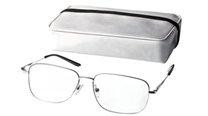 Elegant Silver Frame Eyeglasses and White Case Isolated on Transparent Background