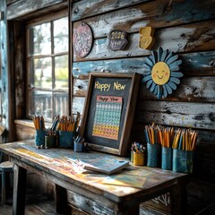 Rustic wooden table with art supplies and calendar