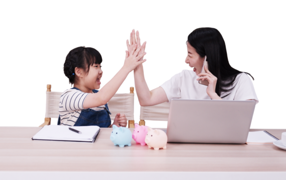 Smiling Asian daughter and mother happy and high five for reaching goal of saving money together. Child educational for homeschooling concept