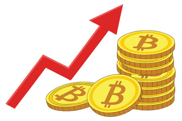 86 Bitcoin cryptocurrency, golden coins pile, rising red arrow graph, financial growth, digital currency investment, white background, reflective surface, 3D rendering, financial concept, upward trend
