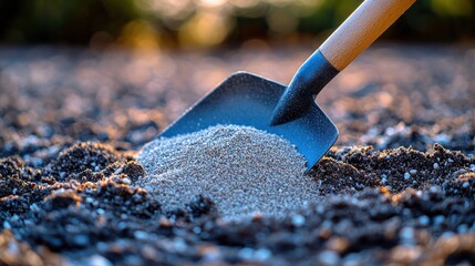 Shovelful of soil amendment.  A shovel filled with light-colored granular material is placed on dark rich earth
