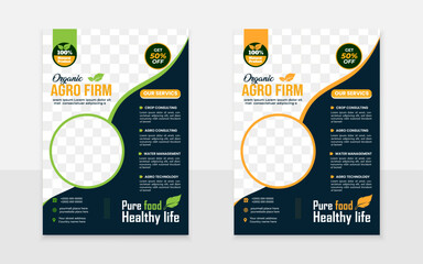 Modern minimal agro flyer design template layout with elliptical green and orange shape
