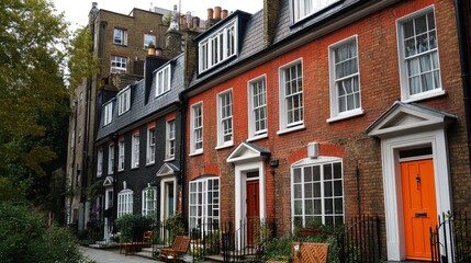 Naklejka premium Row of brick townhouses with colorful doors under autumn foliage, urban architectural blend with orange-black-white facades and sidewalk details.