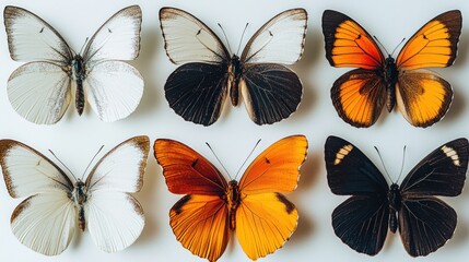 Six diverse butterflies, displayed flat, showcasing various colors and patterns