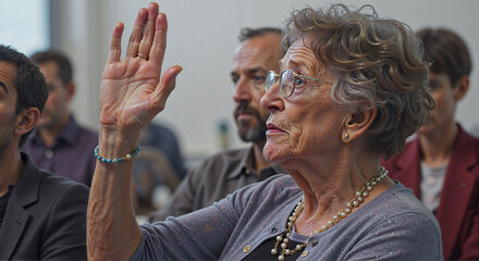 Elderly Woman Asking Question in Engaging Discussion Background  