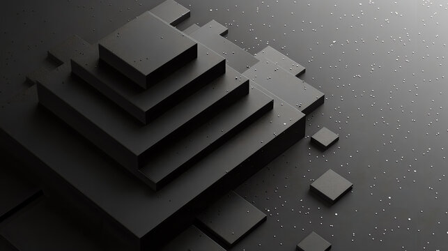 Fototapeta Minimalist Black Geometric Pyramid Structure on Dark Abstract Background with Floating Cubes and Soft Lighting for Futuristic Tech, 3D Design, or Modern Architecture Concepts