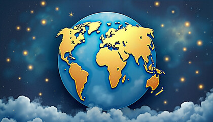 Naklejka premium Stylized Earth illustration with golden continents against a dreamy cloud background