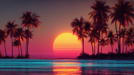 Naklejka premium Neon sunset over tropical beach with palm trees silhouettes. Retro synthwave retrowave style. 