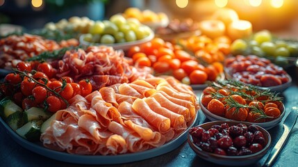 A vibrant display of assorted meats, cheeses, and fresh fruits arranged elegantly for a festive gathering
