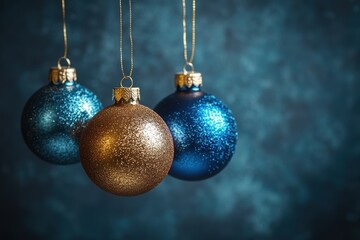 Colorful glitter ornaments hanging against a dark textured background during the holiday season