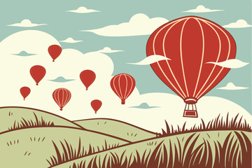 Obraz premium 87 Red hot air balloons, grassy field, blue sky with clouds, symmetry, one balloon rising higher, conceptual image, leadership concept, standing out from the crowd, achievement, success, competitive a
