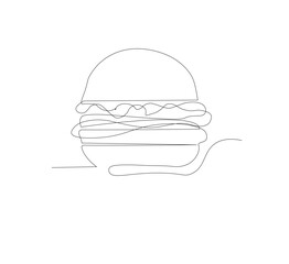 Gambar hamburger dengan satu garis, background putih, Siluet burger restoran cepat saji dengan keju, potongan daging, dan salad. Logo makanan jalanan dengan desain modern.