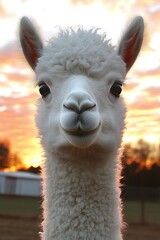 Obraz premium Close-up of a White Alpaca Face with a Stunning Sunset Backdrop
