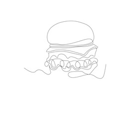 Gambar hamburger dengan satu garis, background putih, Siluet burger restoran cepat saji dengan keju, potongan daging, dan salad. Logo makanan jalanan dengan desain modern.