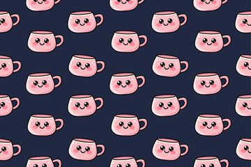 Kawaii seamless pattern with pink cute vector cups or mugs on dark black background