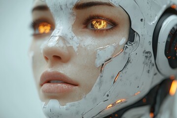 Fototapeta premium Futuristic robotic figure with luminous eyes showcases advanced technology in close-up view