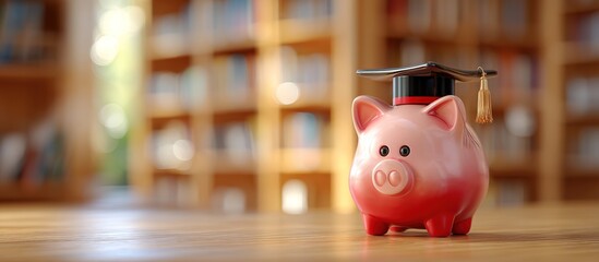 Obraz premium A pink piggy bank with rosy cheeks and a black graduation cap on a wooden table, blurred bookshelves and sunlit window in the background
