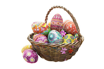 Overflowing basket with painted eggs and little flowers. Colorful and festive decoration for celebration