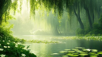 Fototapeta premium Tranquil misty morning by the river. Lush greenery, sunlight filtering through willows, calm water, white lilies