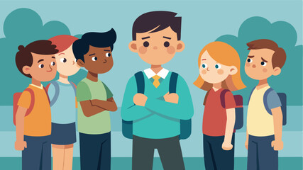 Fototapeta premium A group of classmates excluding and teasing a boy for not wearing name brand clothing leading him to feel selfconscious and pressured to conform.. Vector illustration