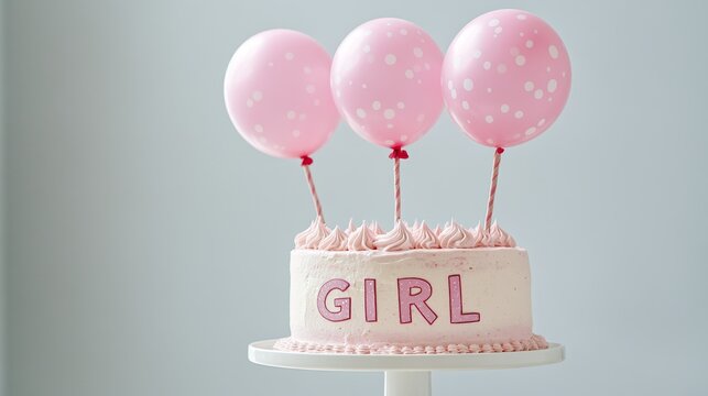 Pink themed baby girl gender reveal party greeting card invitation banner template featuring a colorful cake and shiny balloons on a baby shower background