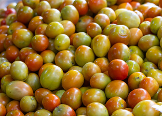 A pile of red and yellow tomatoes