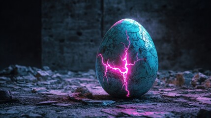 A cracked sphere featuring a soft blue light surface radiates bright pink neon light from within its core in a deserted warehouse, set against an abstract wallpaper backdrop