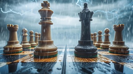 Two rooks standing tall on opposite sides of a stormy chessboard