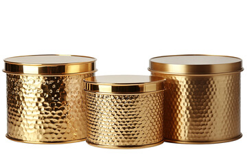 Gleaming golden containers with a hammered texture catch the light, showcasing elegant storage solutions against a transparent background