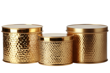 Gleaming golden containers with a hammered texture catch the light, showcasing elegant storage solutions against a transparent background