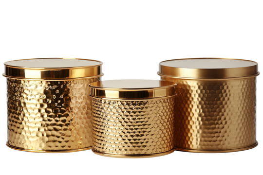 Gleaming golden containers with a hammered texture catch the light, showcasing elegant storage solutions against a transparent background