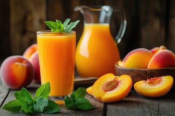 Fresh Peach Smoothie with Whole Peaches and Mint Leaves

