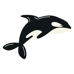 Killer whale in black and white. Flat illustration of orca. For kids, ocean themes, and marine animal designs