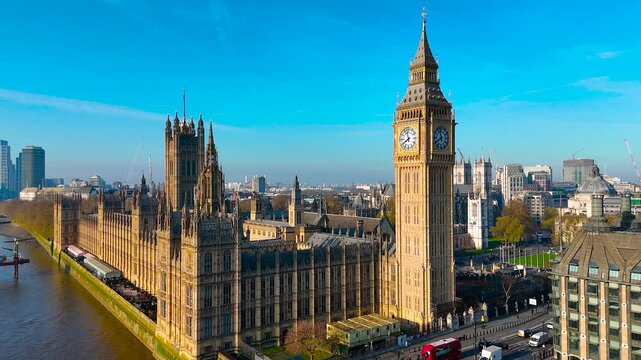 Aerial view of the Palace of Westminster in London, England, UK, on a clear day. Iconic UK landmark ideal for travel, tourism, architecture, and cultural-themed commercial use