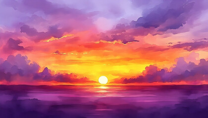 Fototapeta premium Vibrant sunset over a calm ocean, with colorful clouds reflecting on the water's surface