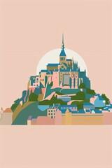 Le Mont Saint-Michel, en Normandie, fa&ccedil;on dessin aquarelle aux couleurs pastel.