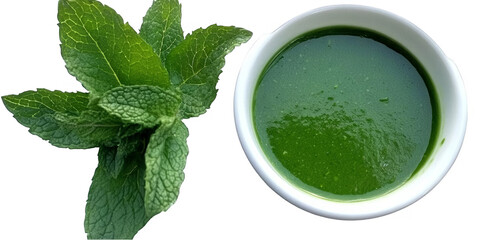 Green Mint Sauce In A White Bowl With Fresh Mint Leaves Isolated Background
