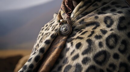 Close-up of a garment showcasing leopard spots and a swirling brooch, combining nature's patterns with human creativity for a striking ensemble.