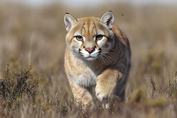 Obraz premium Cougar Approaching in Grassy Field Stalking Prey Wildlife Scene