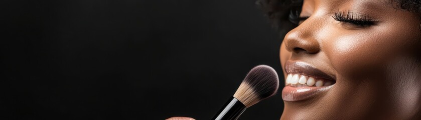 Obraz premium A close-up of a smiling person applying makeup with a brush, showcasing a radiant complexion against a dark background.