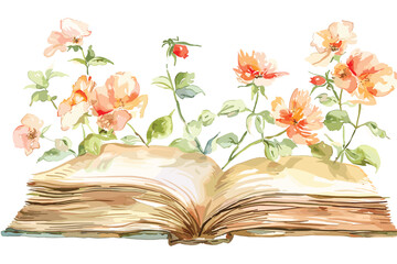 An open book in a brown cover with white pages lies surrounded by summer wildflowers of white chamomile, blue bells and green herbs. hand drawn watercolor illustration on white background for your des