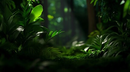 Lush Rainforest Sunbeams through Tropical Jungle.