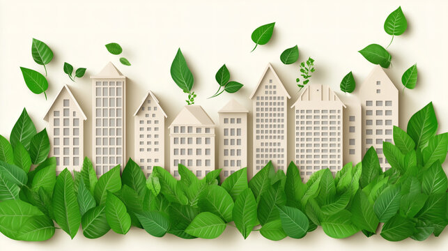 Ilustraci&oacute;n de ciudad sostenible con edificios rodeados de hojas verdes