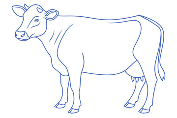 Blue Outline Illustration Of A Cow Standing With Utter On White Background