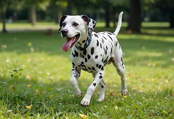 Joyful Dalmatian Dog Running in Lush Green Park: A Vibrant Summer Scene
